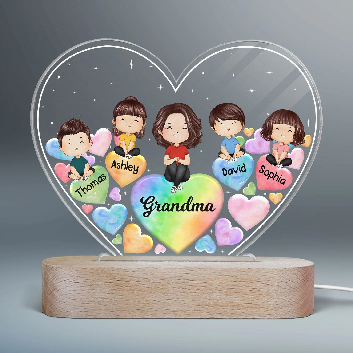 Watercolor Grandma Grandkids Hearts In Heart Personalized Heart Acrylic LED Night Light - Image 2