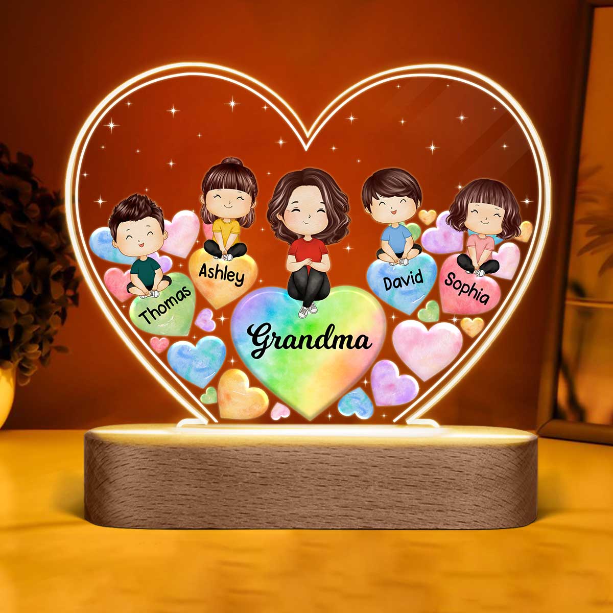 Watercolor Grandma Grandkids Hearts In Heart Personalized Heart Acrylic LED Night Light - Image 3