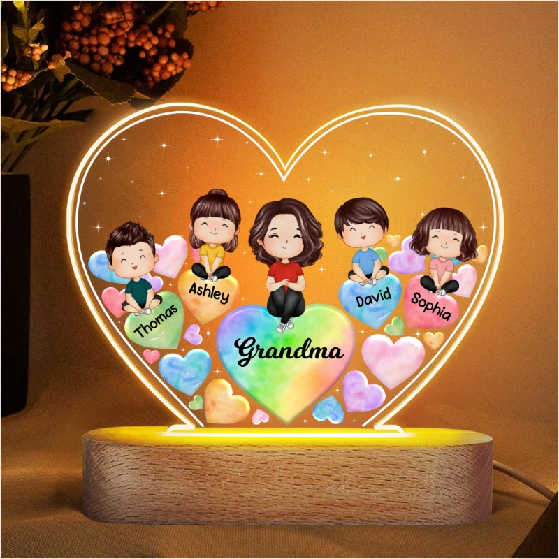 Watercolor Grandma Grandkids Hearts In Heart Personalized Heart Acrylic LED Night Light - Image 4