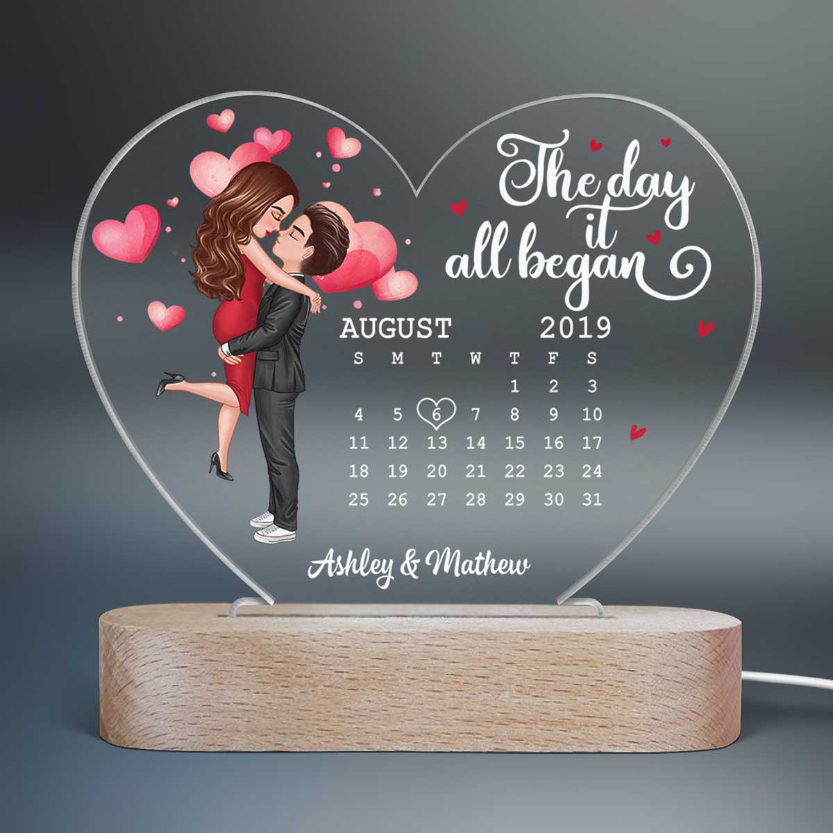 Watercolor Hearts Doll Couple Hugging Kissing Calendar Anniversary Date Personalized Acrylic Heart Plaque LED Night Light - Image 2