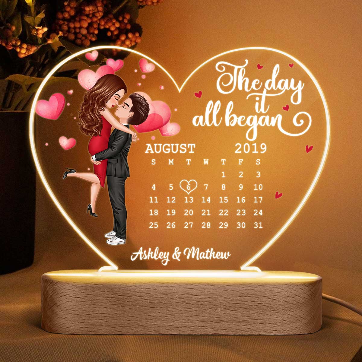 Watercolor Hearts Doll Couple Hugging Kissing Calendar Anniversary Date Personalized Acrylic Heart Plaque LED Night Light - Image 3