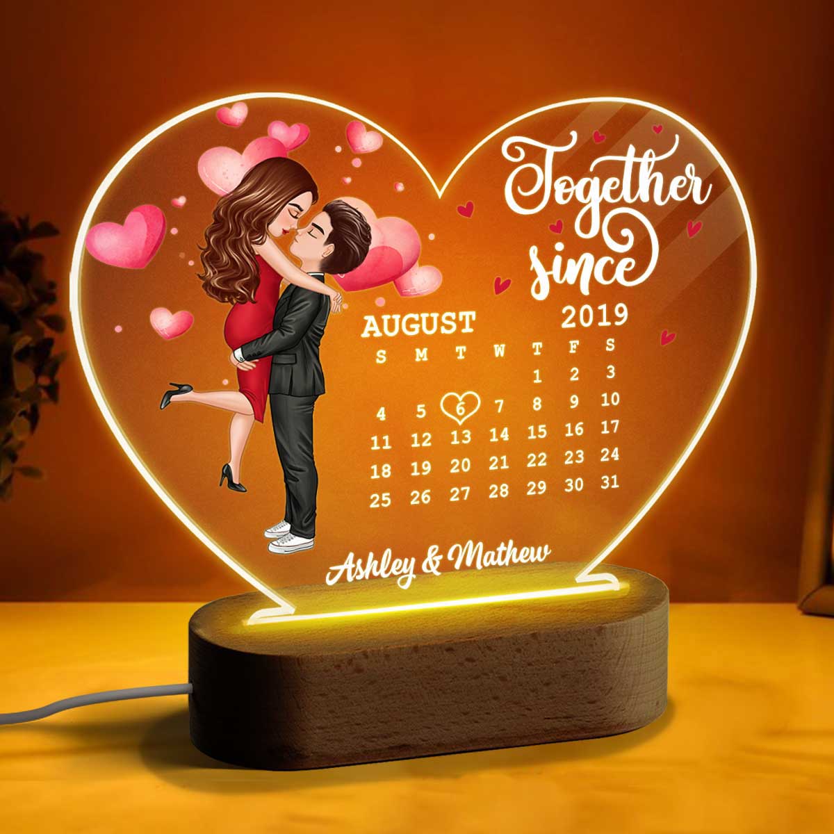 Watercolor Hearts Doll Couple Hugging Kissing Calendar Anniversary Date Personalized Acrylic Heart Plaque LED Night Light - Image 4