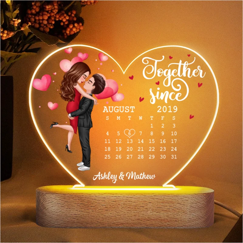 Watercolor Hearts Doll Couple Hugging Kissing Calendar Anniversary Date Personalized Acrylic Heart Plaque LED Night Light - Image 5