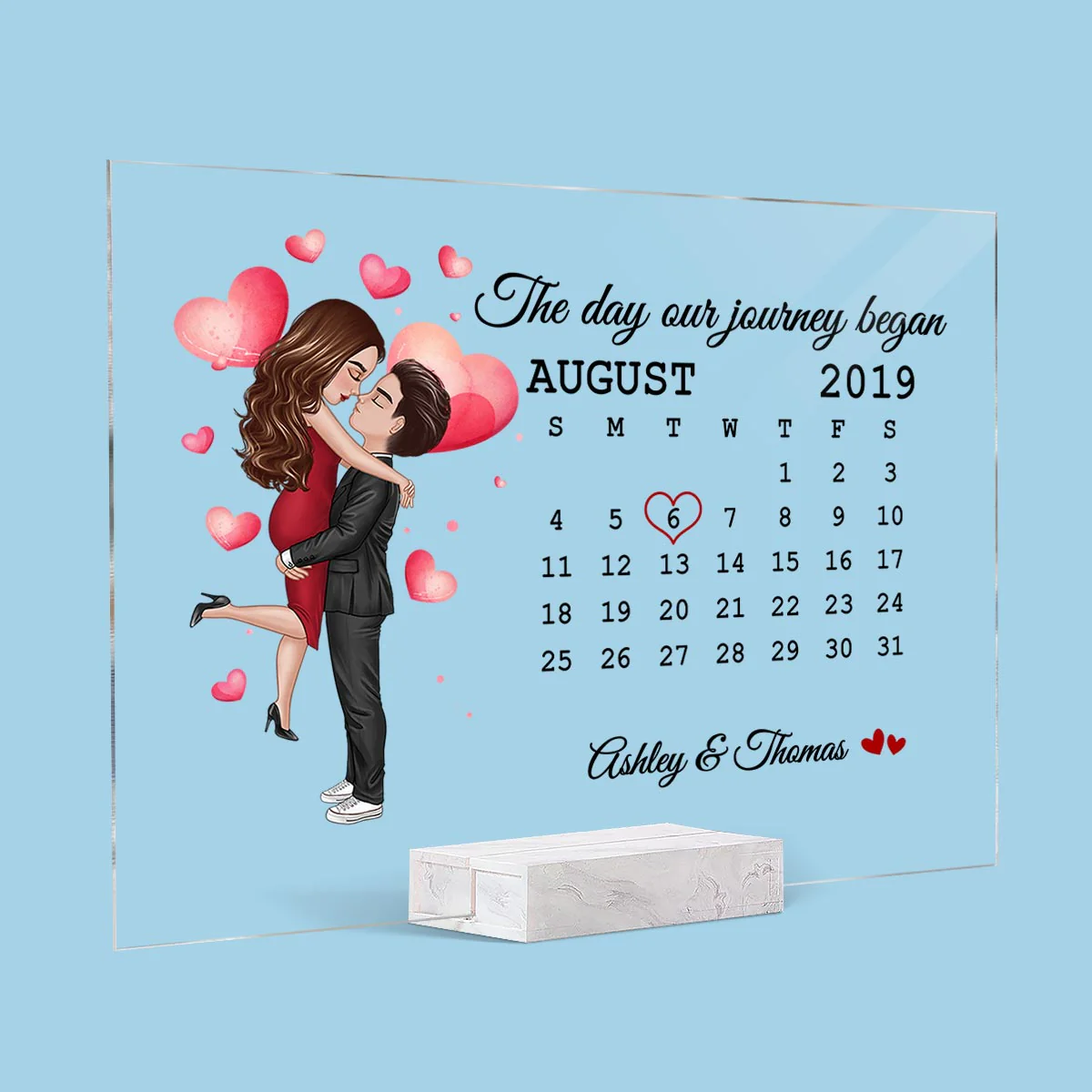 Watercolor Hearts Doll Couple Hugging Kissing Calendar Anniversary Date Personalized Acrylic Plaque - Image 2