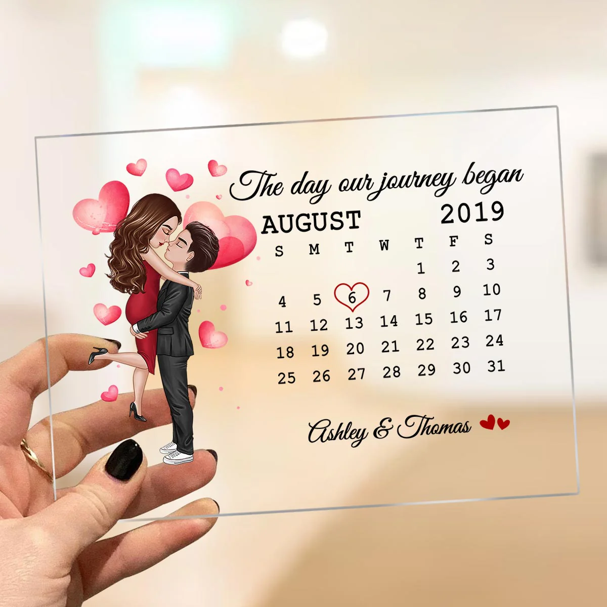 Watercolor Hearts Doll Couple Hugging Kissing Calendar Anniversary Date Personalized Acrylic Plaque - Image 3