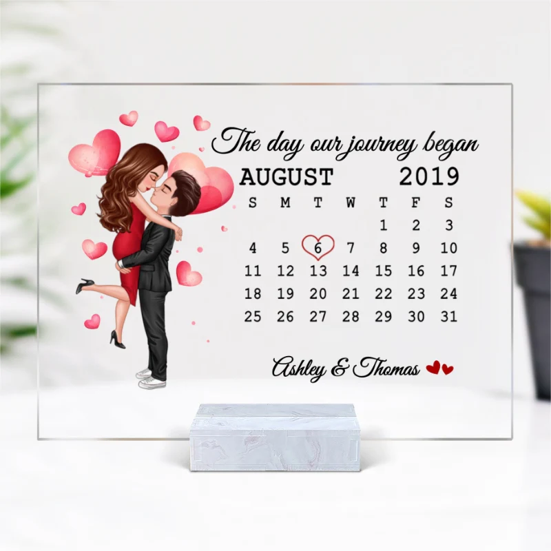 Watercolor Hearts Doll Couple Hugging Kissing Calendar Anniversary Date Personalized Acrylic Plaque - Image 4