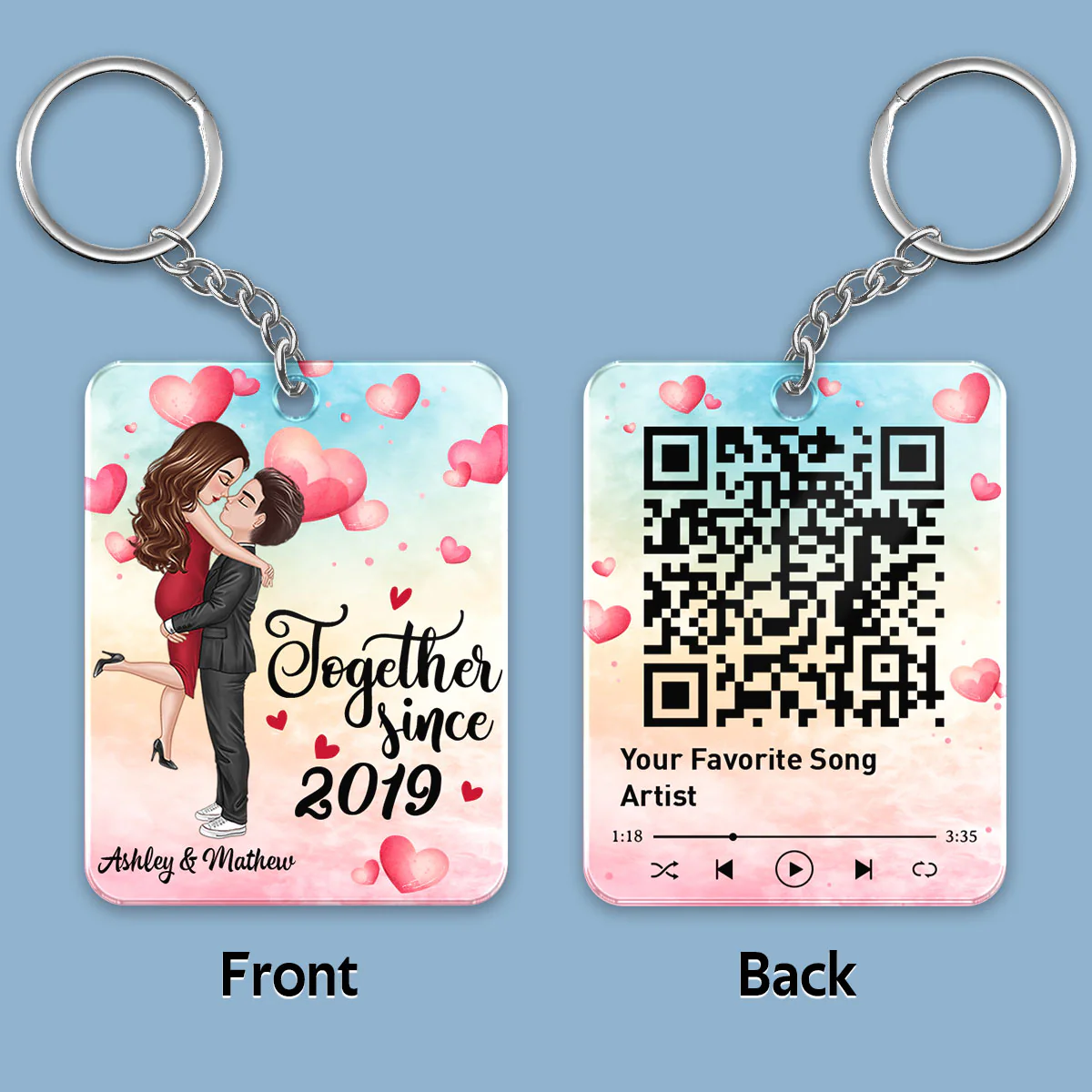 Watercolor Hearts Doll Couple Hugging Kissing Favorite Song Scannable QR Code Personalized Acrylic Keychain - Image 2