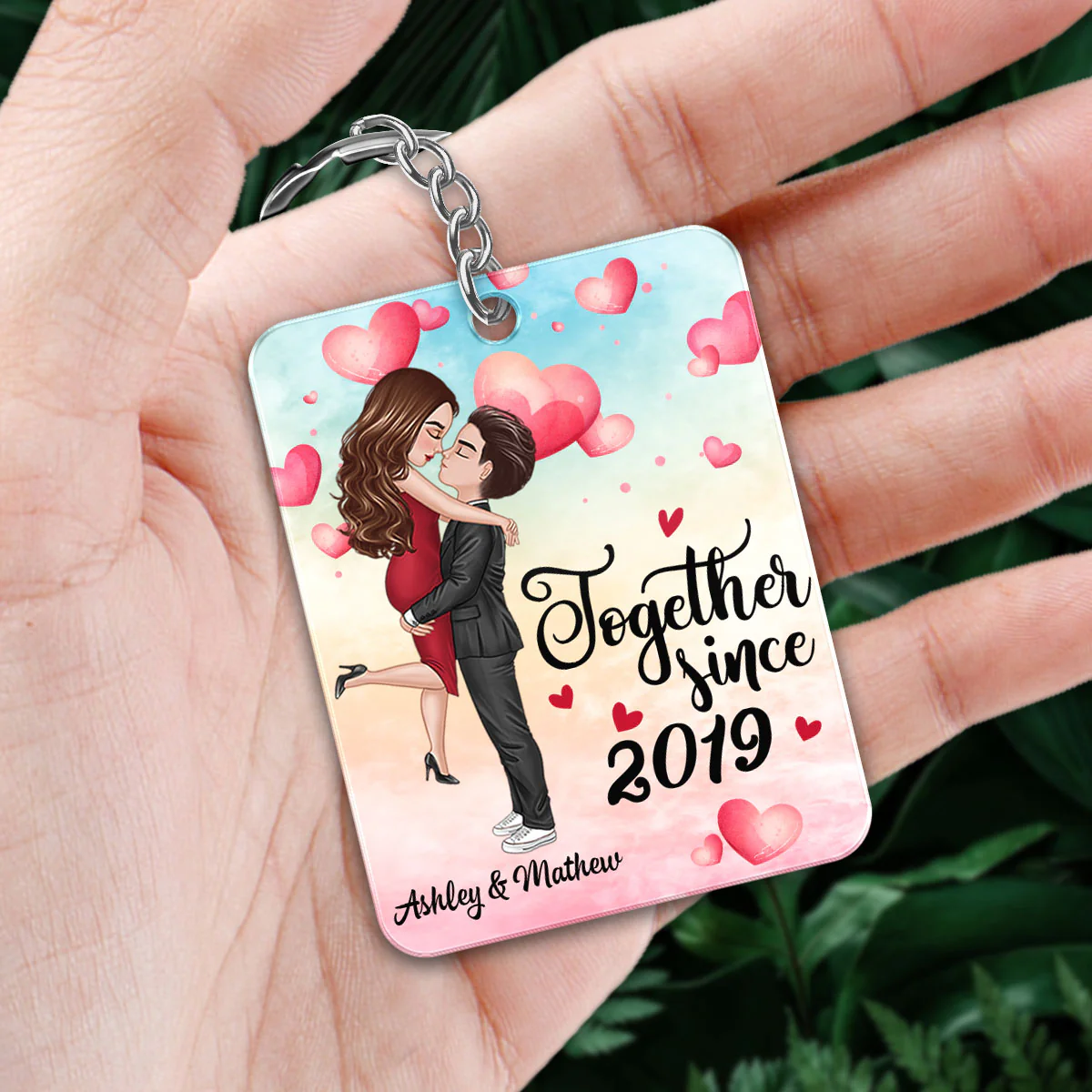 Watercolor Hearts Doll Couple Hugging Kissing Favorite Song Scannable QR Code Personalized Acrylic Keychain - Image 3