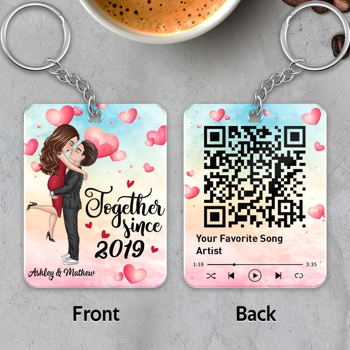 Watercolor Hearts Doll Couple Hugging Kissing Favorite Song Scannable QR Code Personalized Acrylic Keychain - Image 4