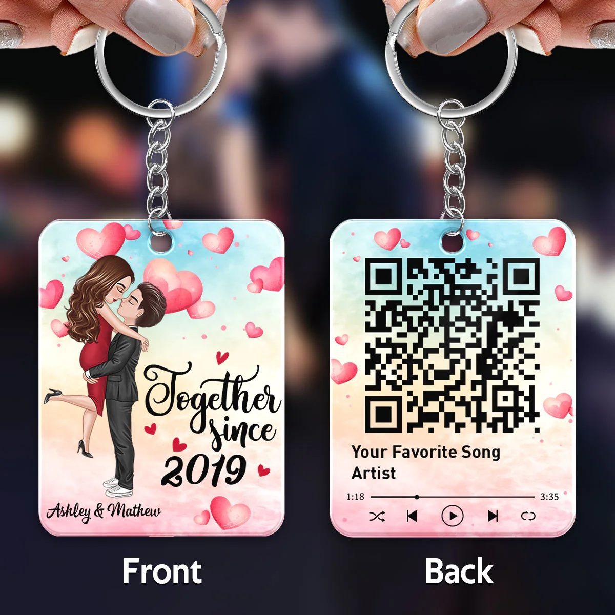 Watercolor Hearts Doll Couple Hugging Kissing Favorite Song Scannable QR Code Personalized Acrylic Keychain - Image 5
