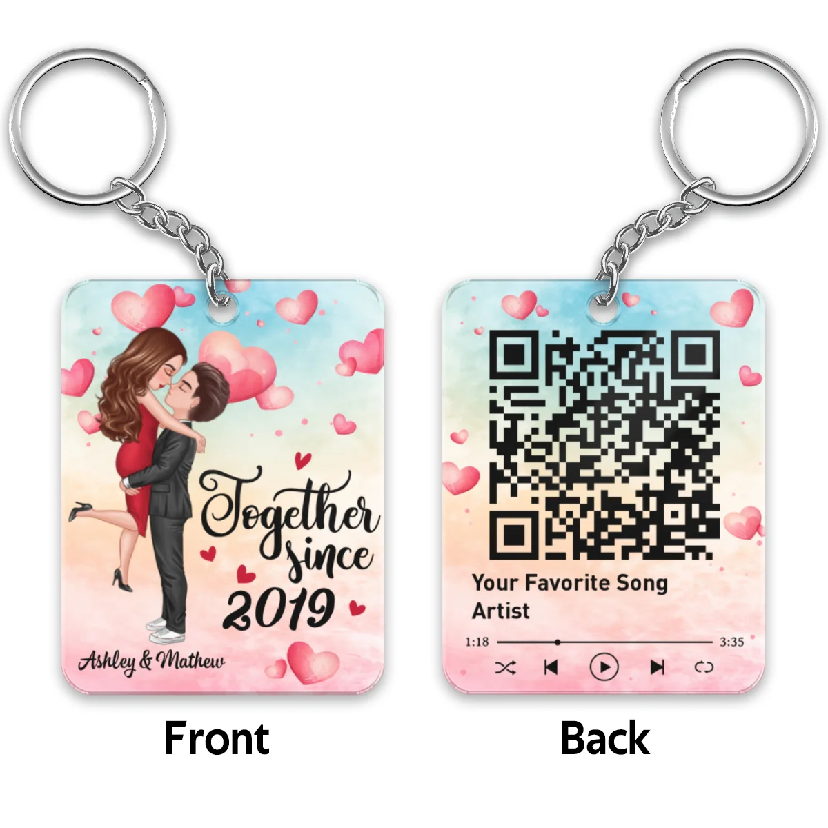 Watercolor Hearts Doll Couple Hugging Kissing Favorite Song Scannable QR Code Personalized Acrylic Keychain - Image 6