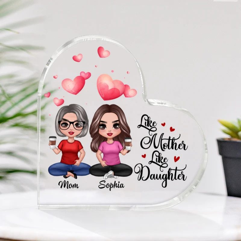Watercolor Hearts Doll Mom And Daughters Sitting Personalized Heart Acrylic Plaque - Image 3