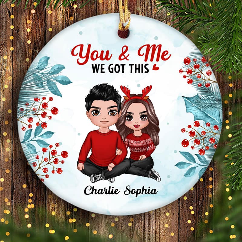 Watercolor Holly Branch Embracing Couple Personalized Circle Ornament - Image 2