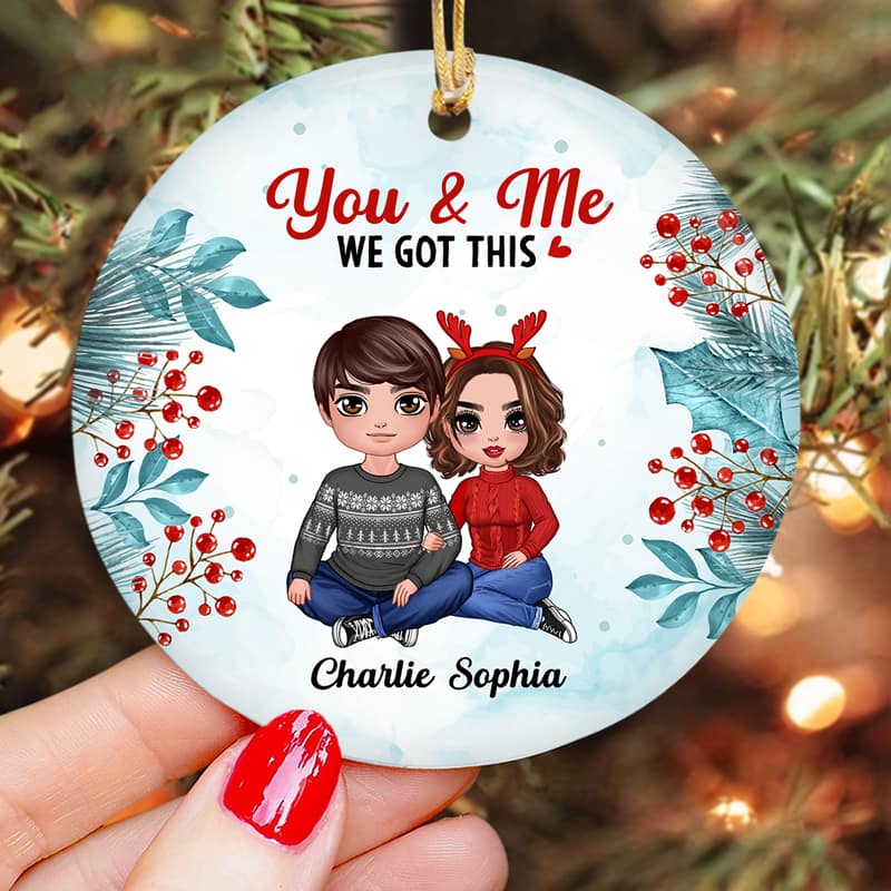 Watercolor Holly Branch Embracing Couple Personalized Circle Ornament - Image 3