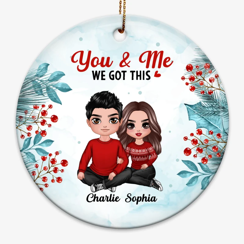Watercolor Holly Branch Embracing Couple Personalized Circle Ornament - Image 4