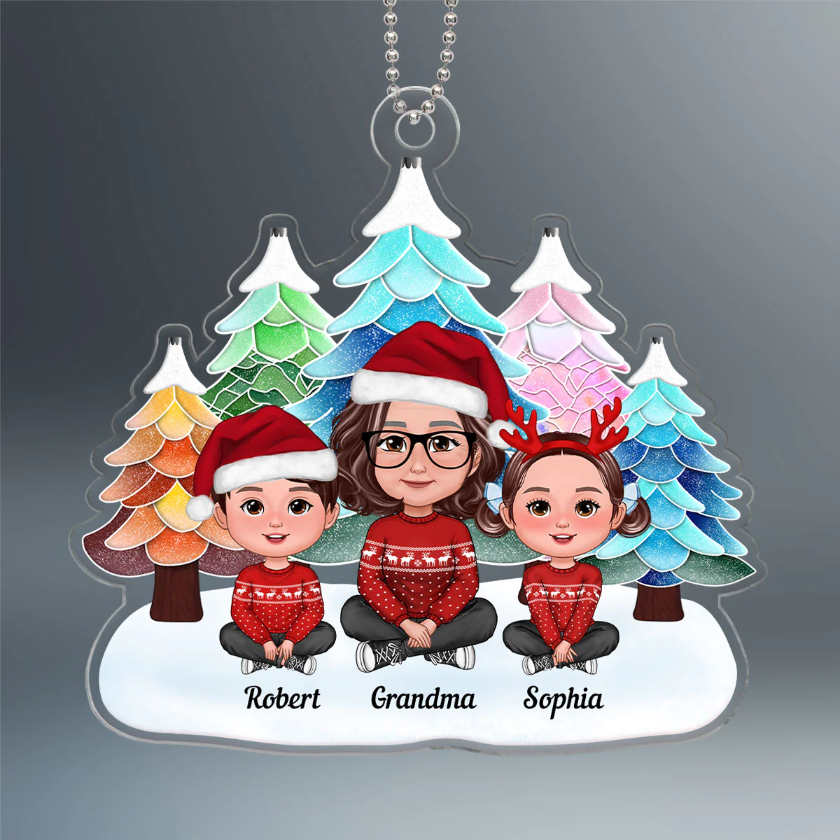 Watercolor Mosaic Christmas Trees Grandma & Grandkids Personalized Acrylic Ornament - Image 2