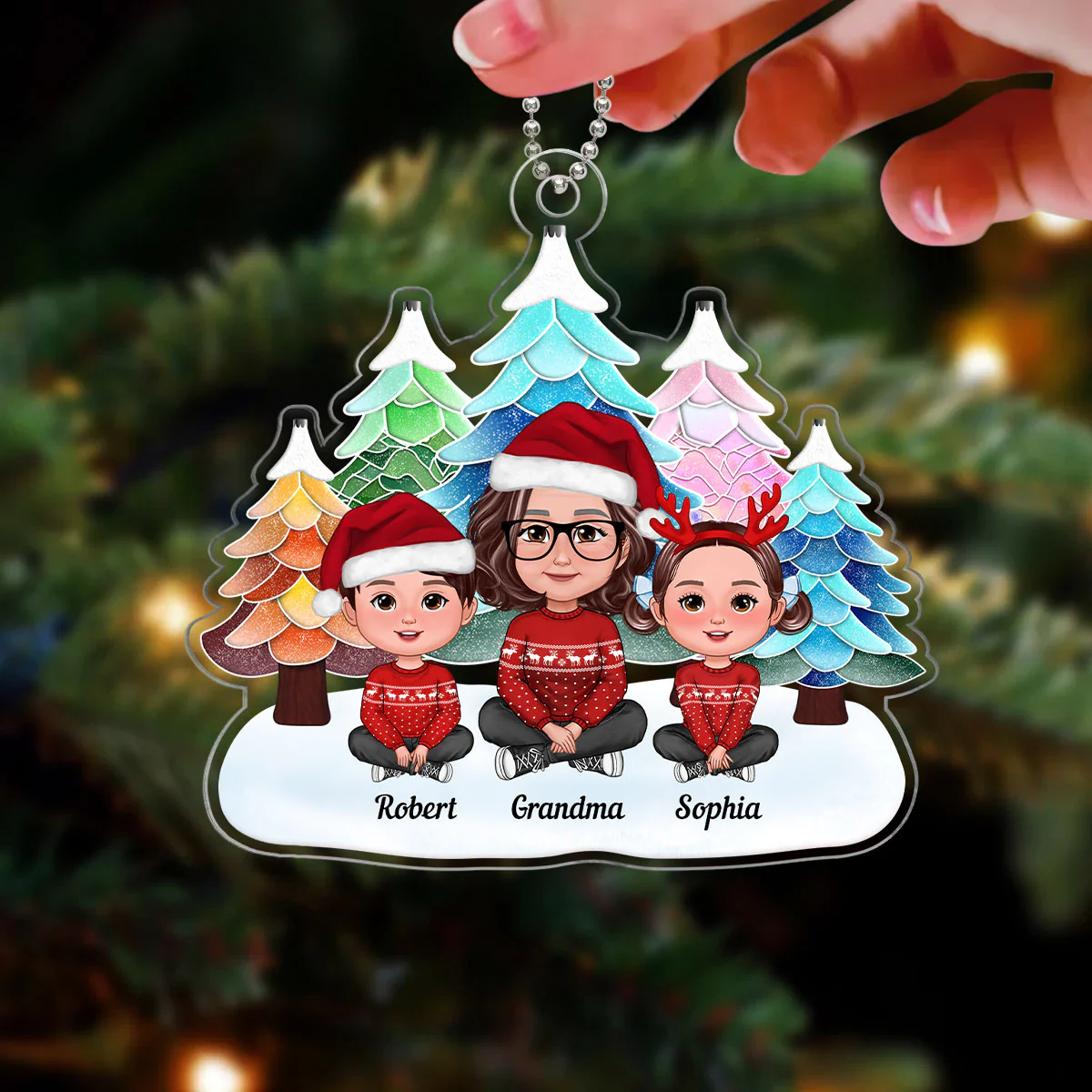 Watercolor Mosaic Christmas Trees Grandma & Grandkids Personalized Acrylic Ornament - Image 3