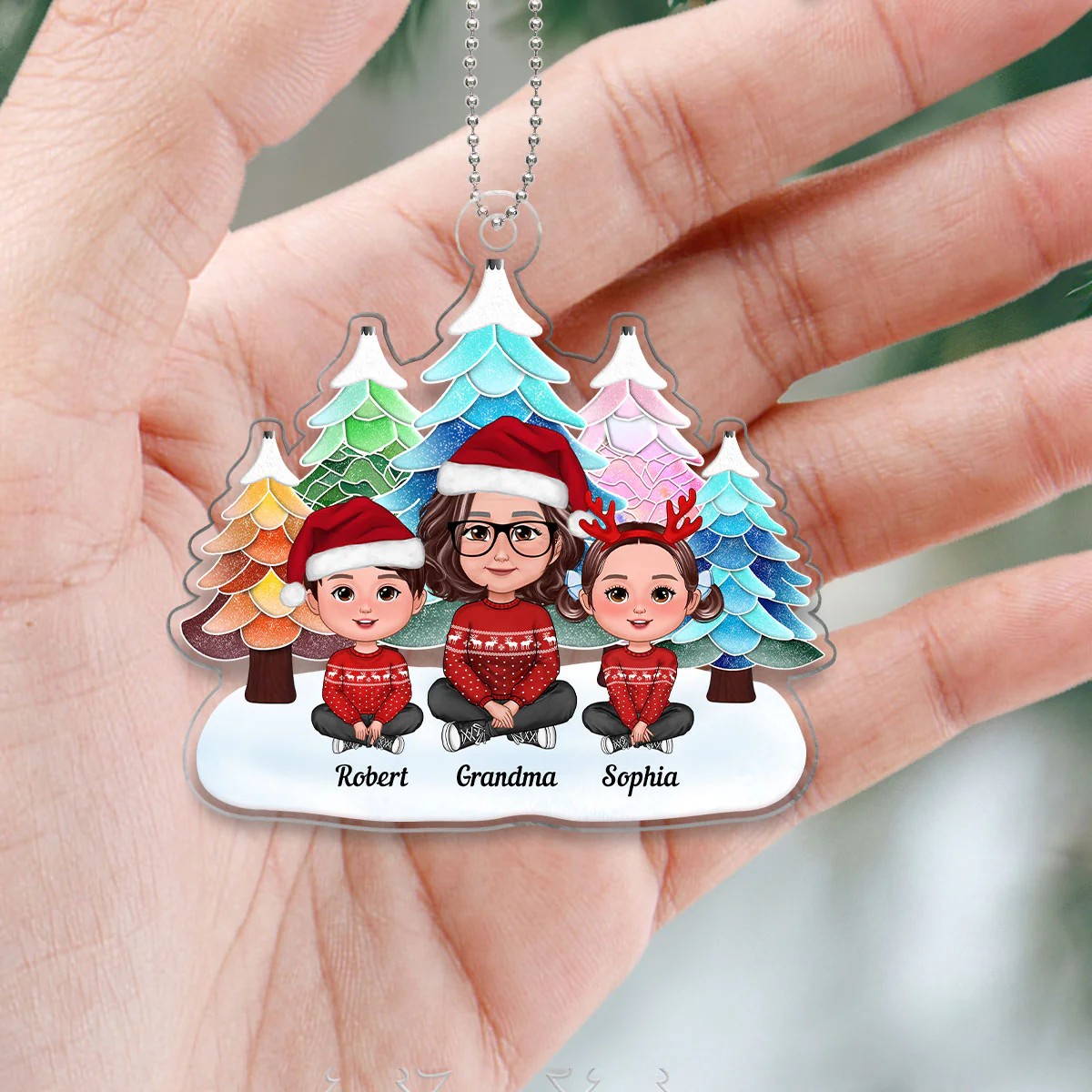 Watercolor Mosaic Christmas Trees Grandma & Grandkids Personalized Acrylic Ornament - Image 5