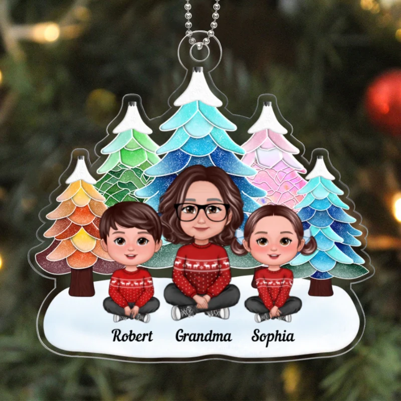 Watercolor Mosaic Christmas Trees Grandma & Grandkids Personalized Acrylic Ornament - Image 6