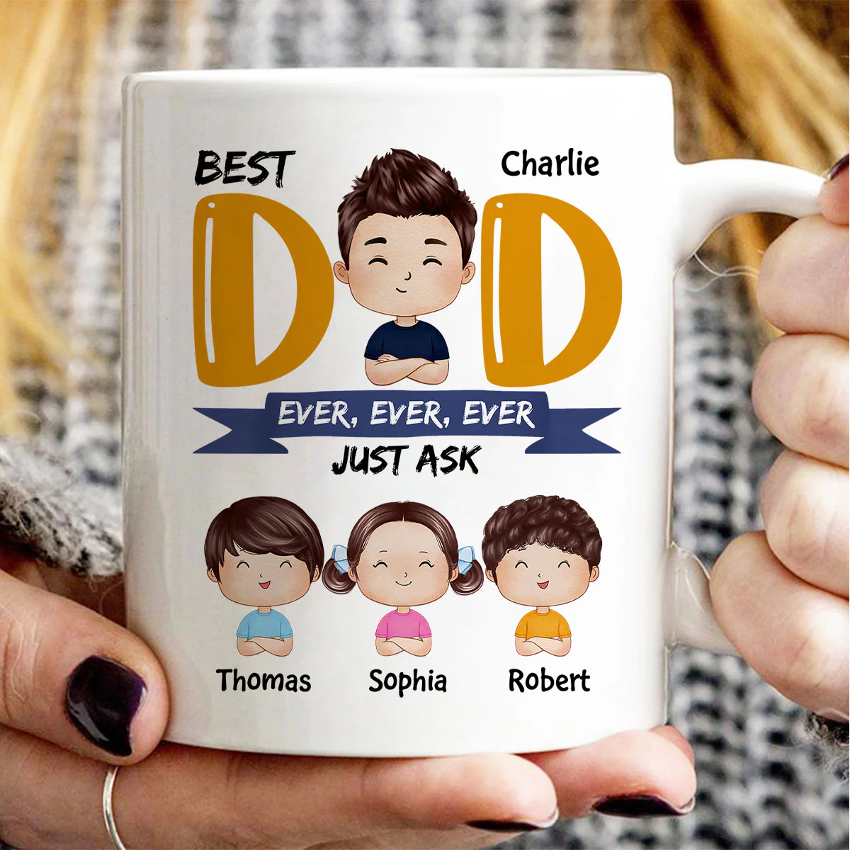 Watercolor Style Dad And Kids Best Dad Ever Just Ask Father‘s Day Gift For Dad Personalized Mug - Image 3