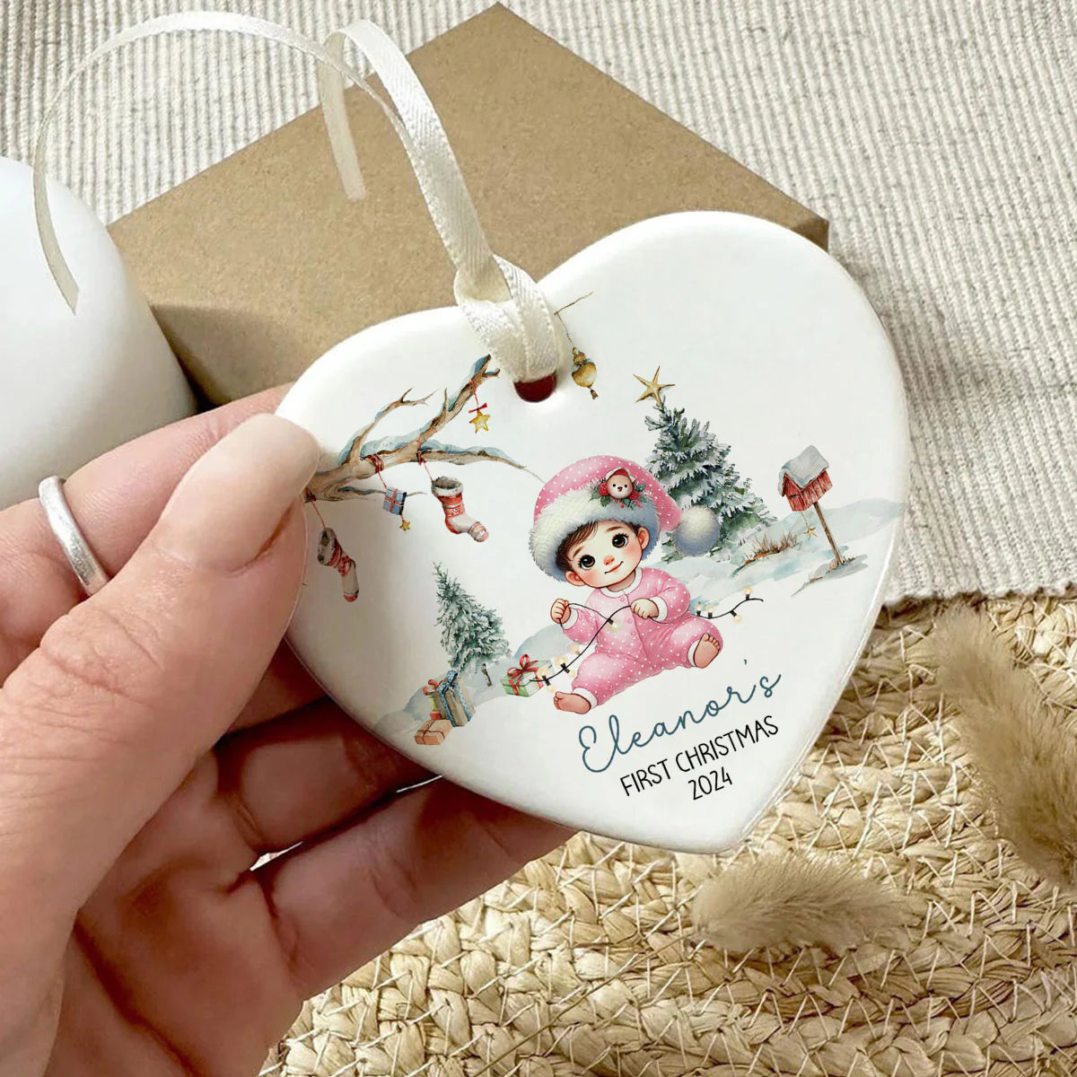 Watercolor Woodland Baby's First Christmas Personalized Heart Shaped Ceramic Ornament, Christmas Gift Keepsake for New Mom New Dad - Image 10