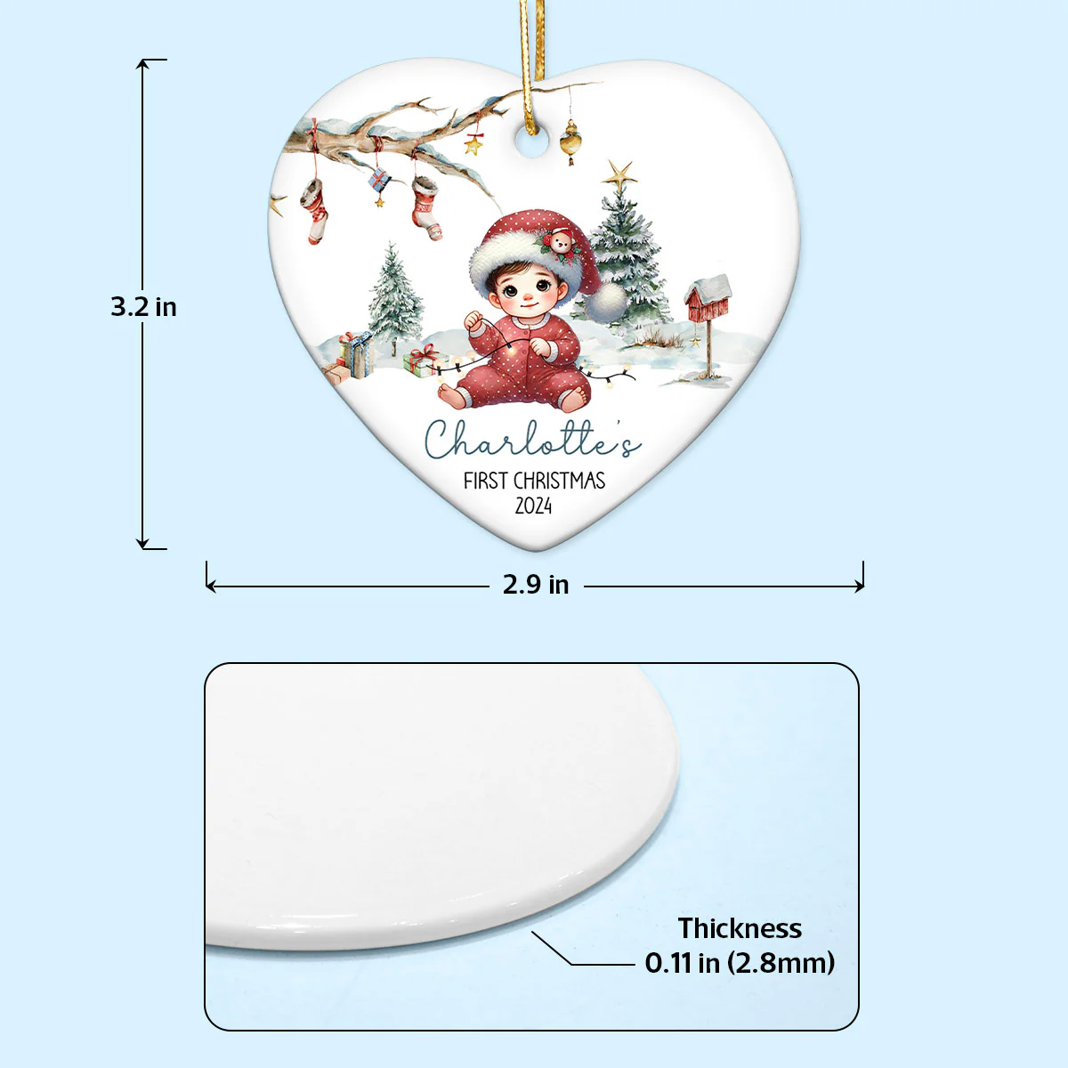 Watercolor Woodland Baby's First Christmas Personalized Heart Shaped Ceramic Ornament, Christmas Gift Keepsake for New Mom New Dad - Image 11