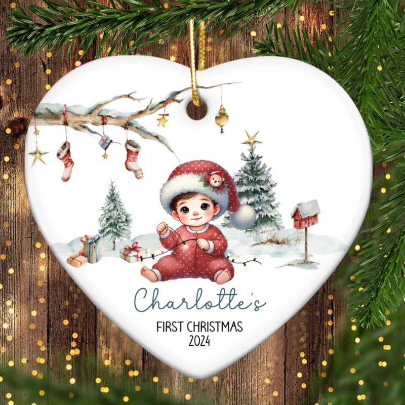 Watercolor Woodland Baby's First Christmas Personalized Heart Shaped Ceramic Ornament, Christmas Gift Keepsake for New Mom New Dad - Image 12