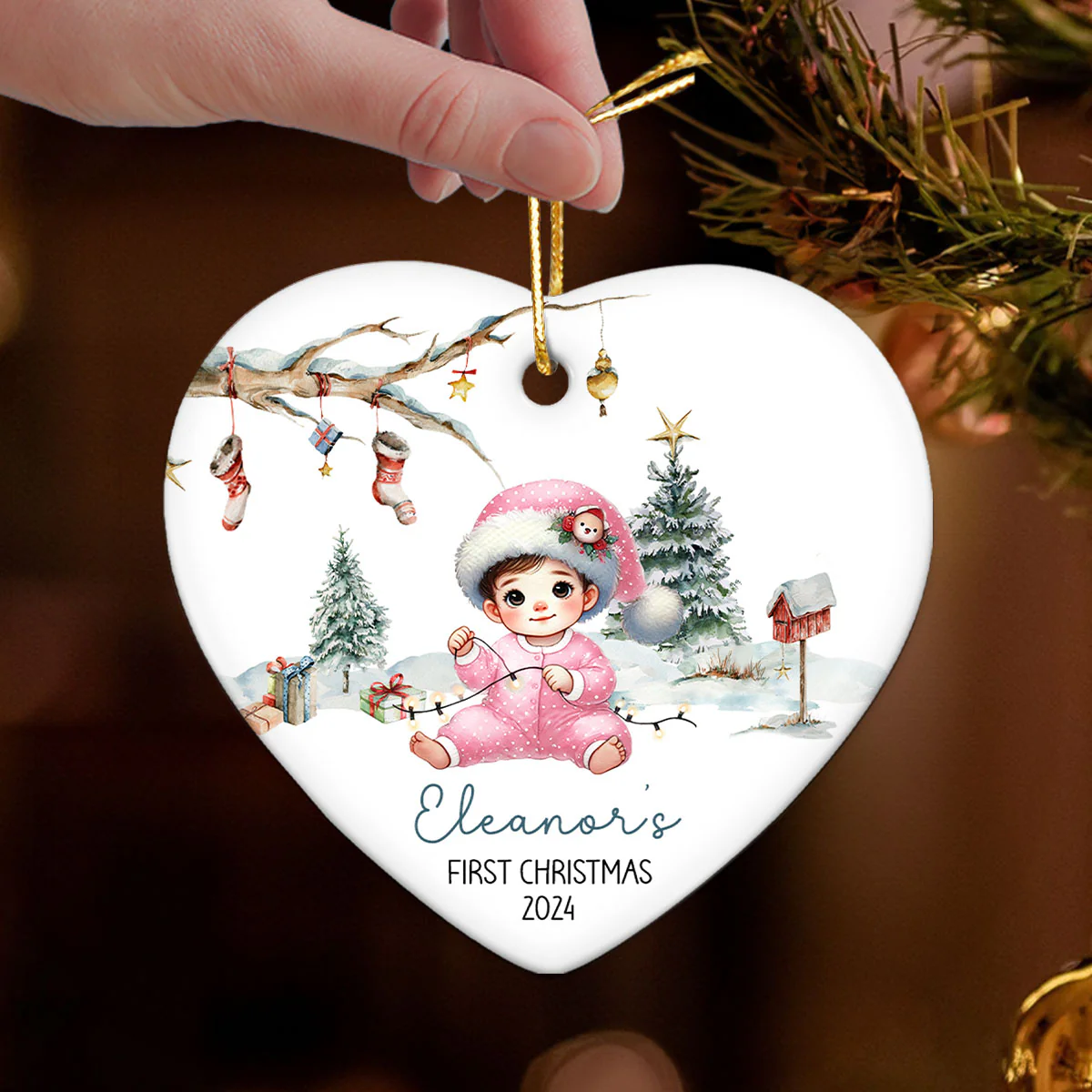 Watercolor Woodland Baby's First Christmas Personalized Heart Shaped Ceramic Ornament, Christmas Gift Keepsake for New Mom New Dad - Image 2