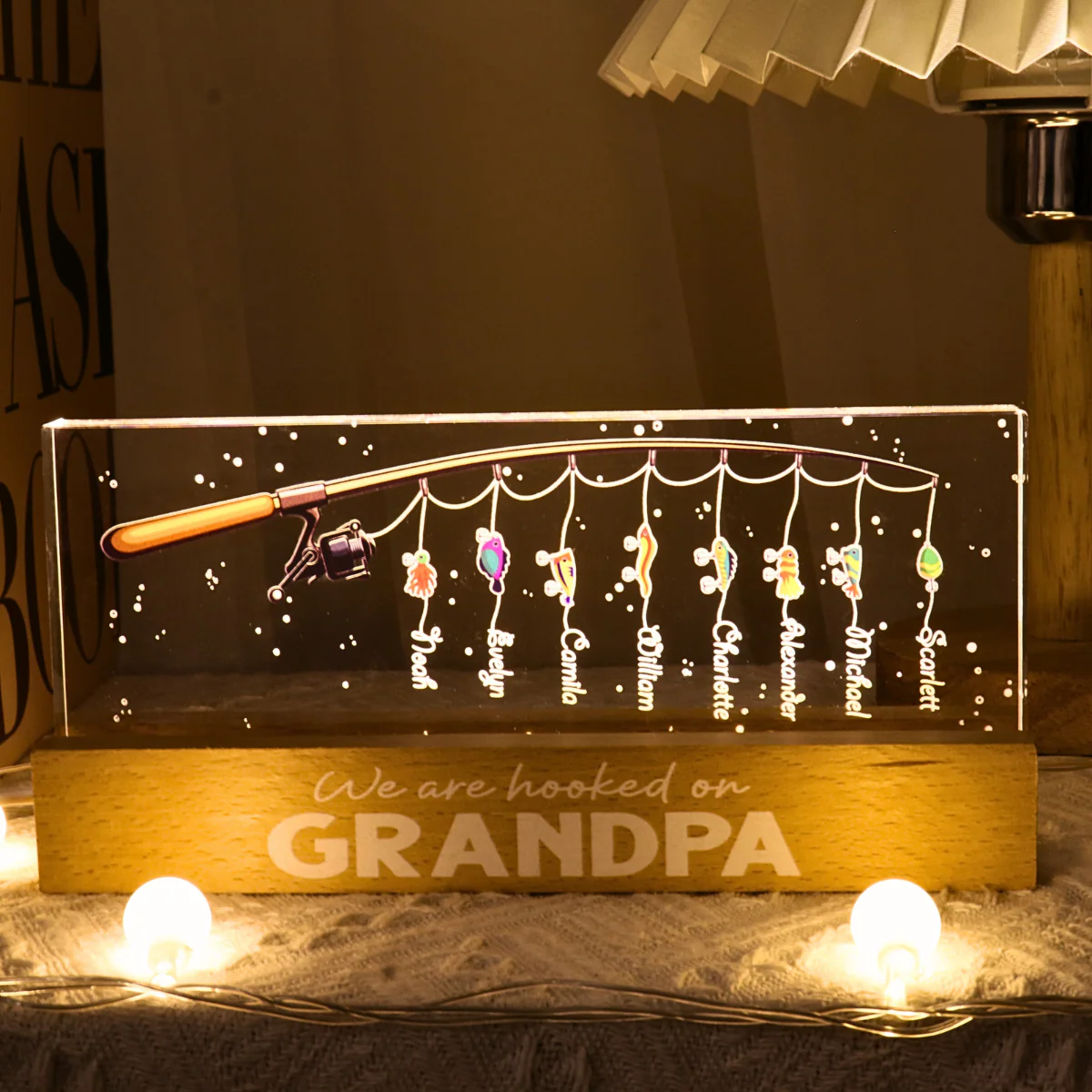 We Are Hooked On Grandpa Gift For Dad Grandpa Personalized Acrylic Block LED Night Light