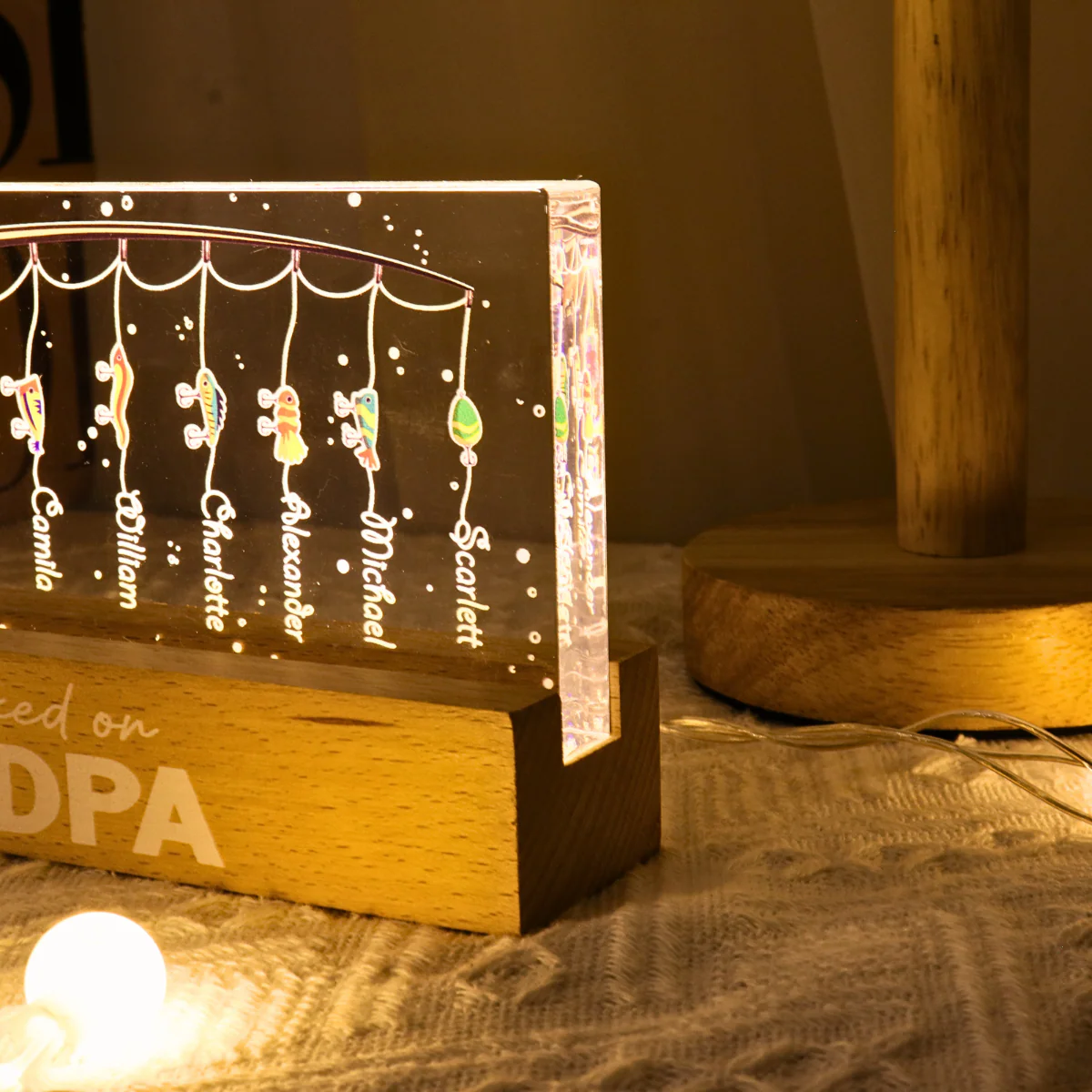 We Are Hooked On Grandpa Gift For Dad Grandpa Personalized Acrylic Block LED Night Light - Image 2
