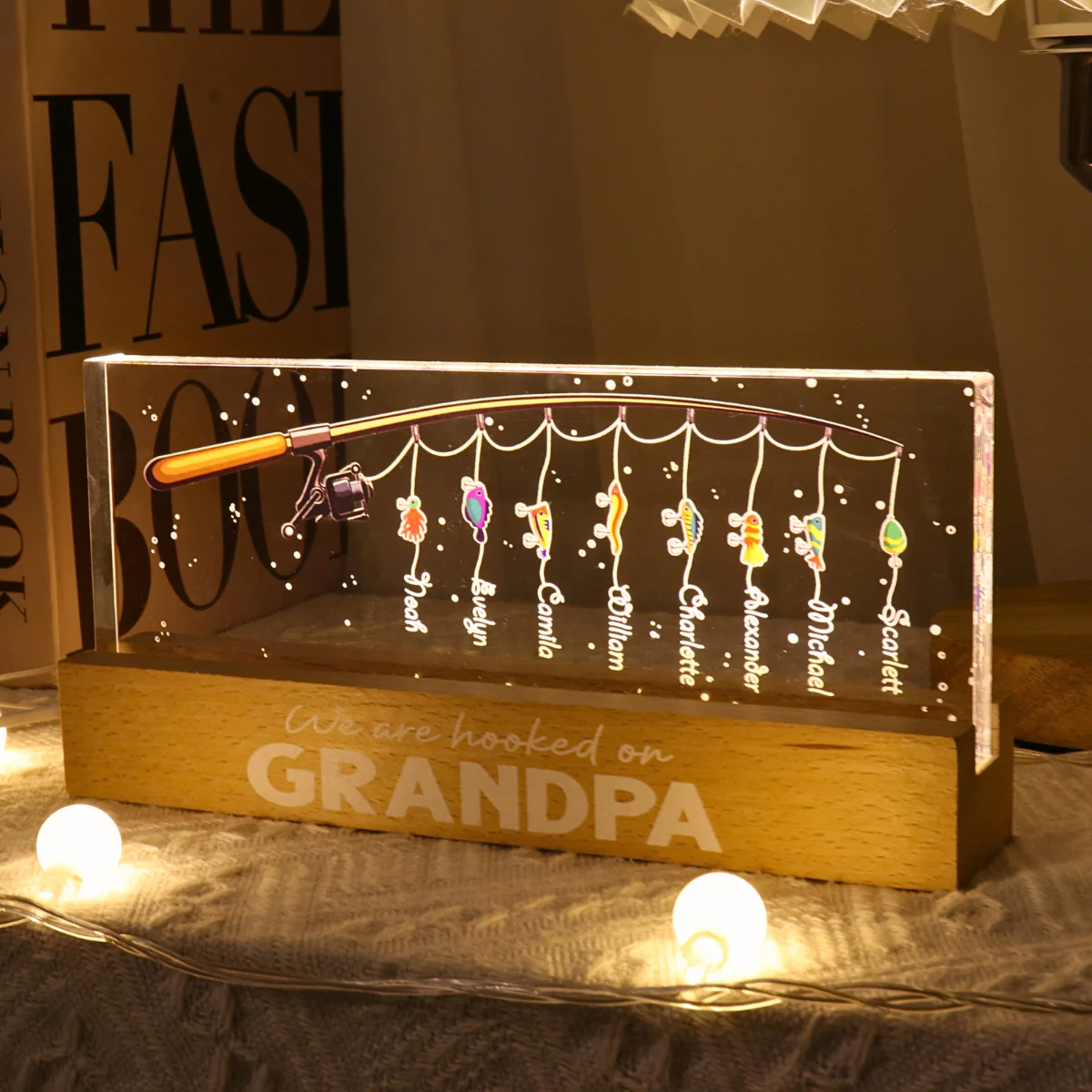 We Are Hooked On Grandpa Gift For Dad Grandpa Personalized Acrylic Block LED Night Light - Image 3