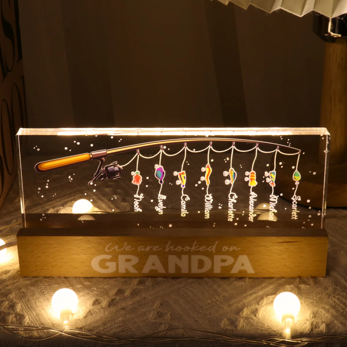 We Are Hooked On Grandpa Gift For Dad Grandpa Personalized Acrylic Block LED Night Light - Image 4