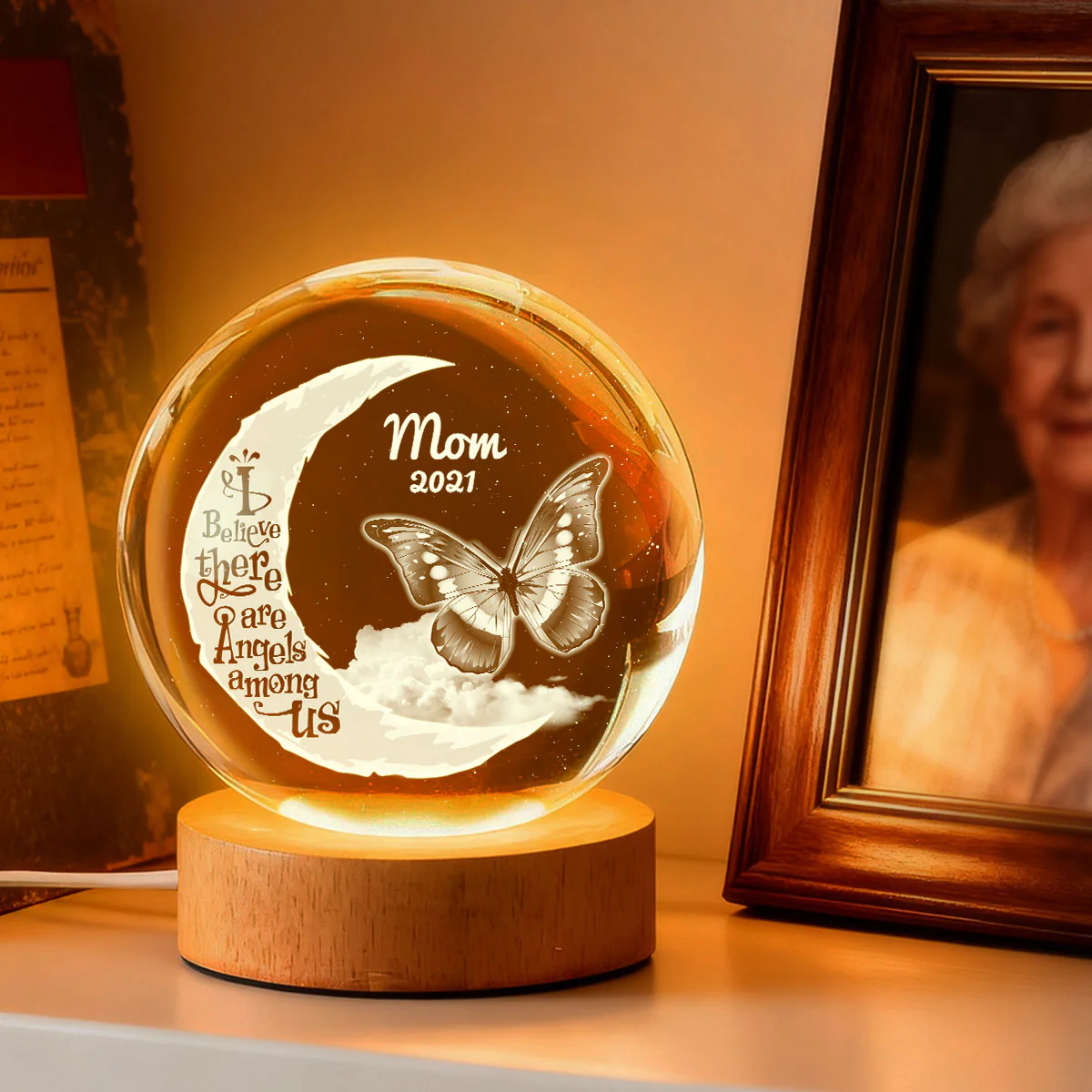 We Believe There're Angels Among Us - Personalized Crystal Ball LED Night Light - Heartfelt Remembrance Memorial Keepsake - Image 2