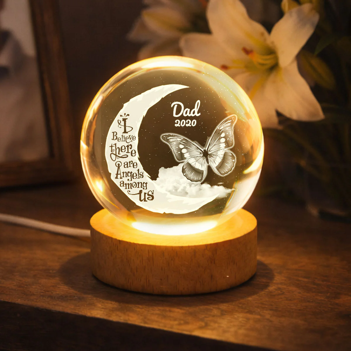 We Believe There're Angels Among Us - Personalized Crystal Ball LED Night Light - Heartfelt Remembrance Memorial Keepsake - Image 3