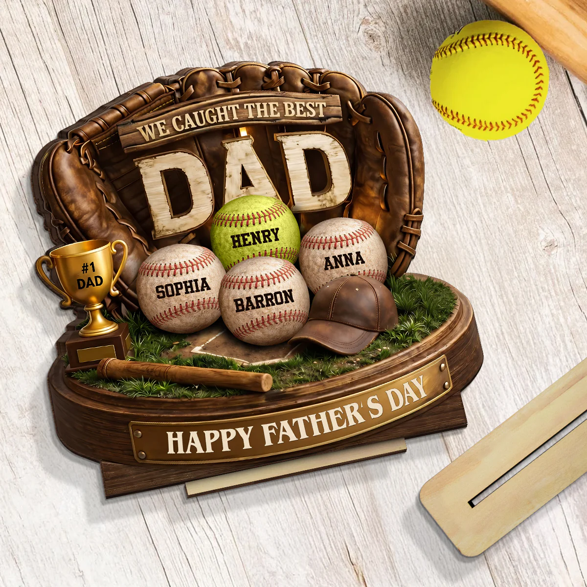 We Caught the Best Baseball Dad - Personalized 2-Layered Wooden Plaque -  Gift for Dad, Husband - Image 2
