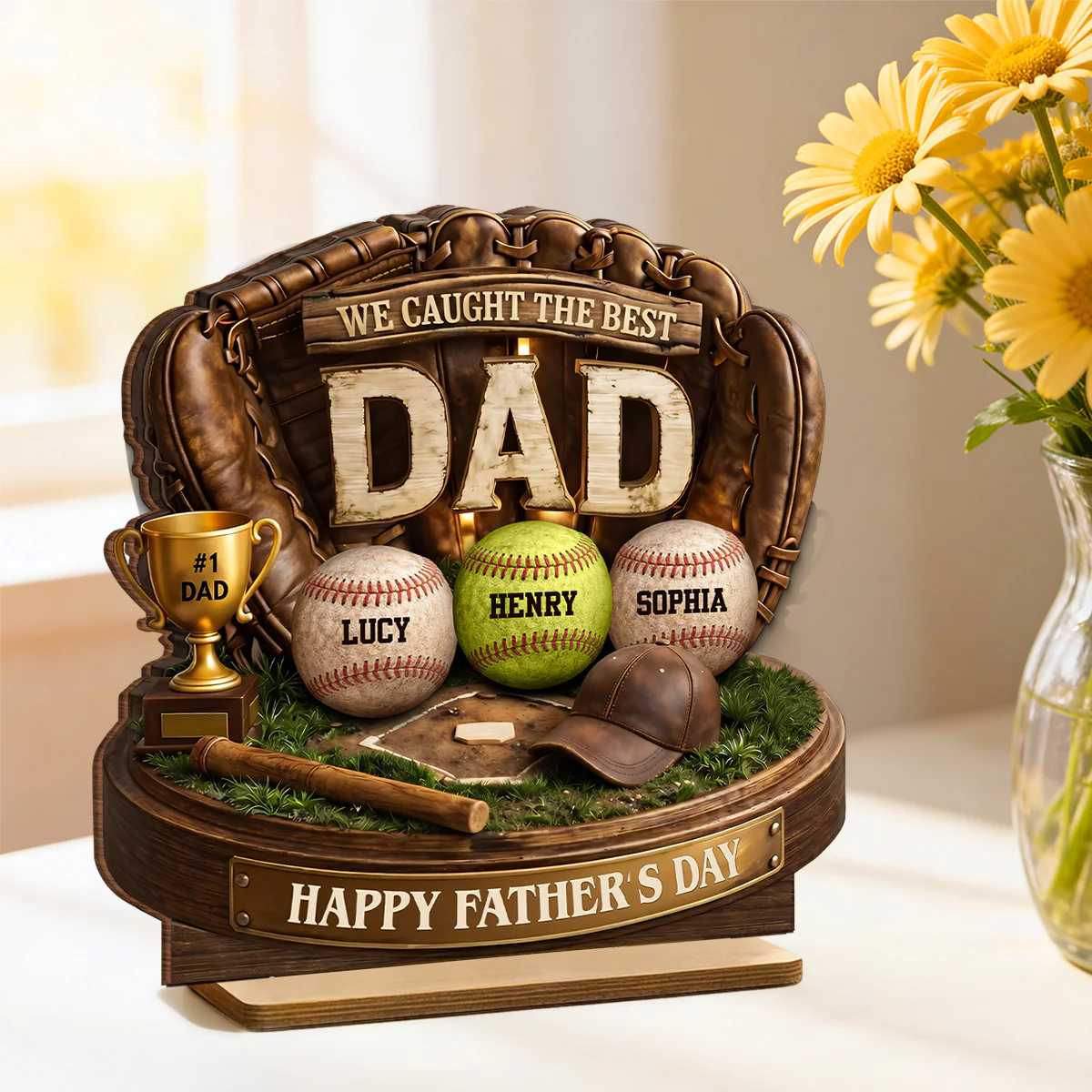 We Caught the Best Baseball Dad - Personalized 2-Layered Wooden Plaque -  Gift for Dad, Husband - Image 3