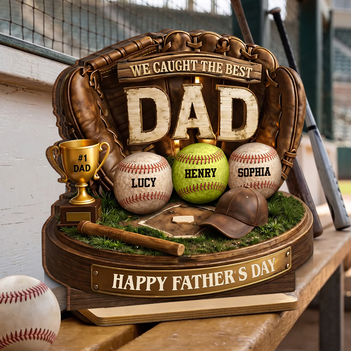 We Caught the Best Baseball Dad - Personalized 2-Layered Wooden Plaque -  Gift for Dad, Husband - Image 4