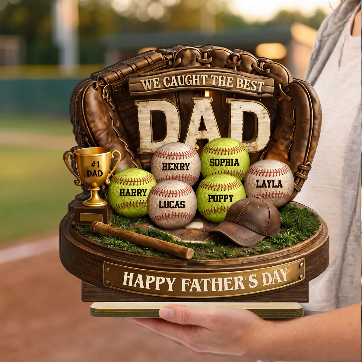 We Caught the Best Baseball Dad - Personalized 2-Layered Wooden Plaque -  Gift for Dad, Husband - Image 5