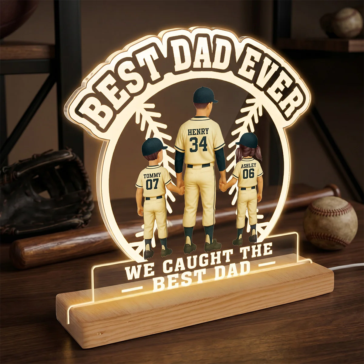 We Caught The Best Dad Baseball Dad & Kids - Personalized Acrylic Plaque LED Night Light - Image 2