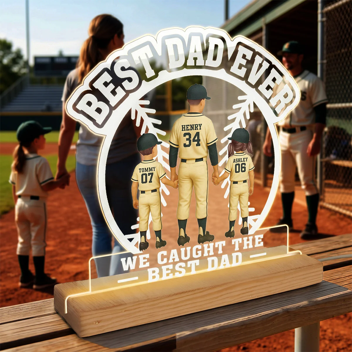 We Caught The Best Dad Baseball Dad & Kids - Personalized Acrylic Plaque LED Night Light - Image 3