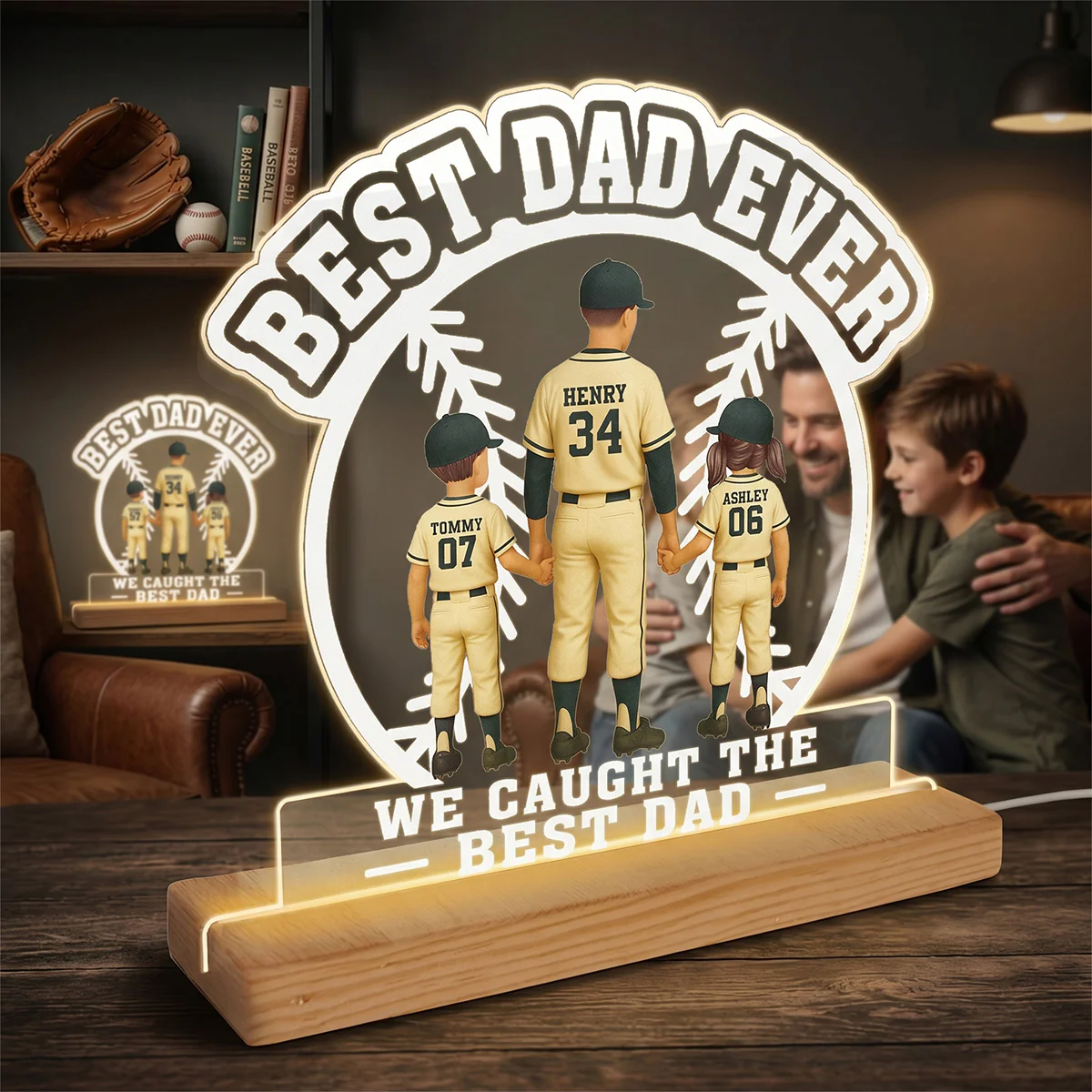 We Caught The Best Dad Baseball Dad & Kids - Personalized Acrylic Plaque LED Night Light - Image 4
