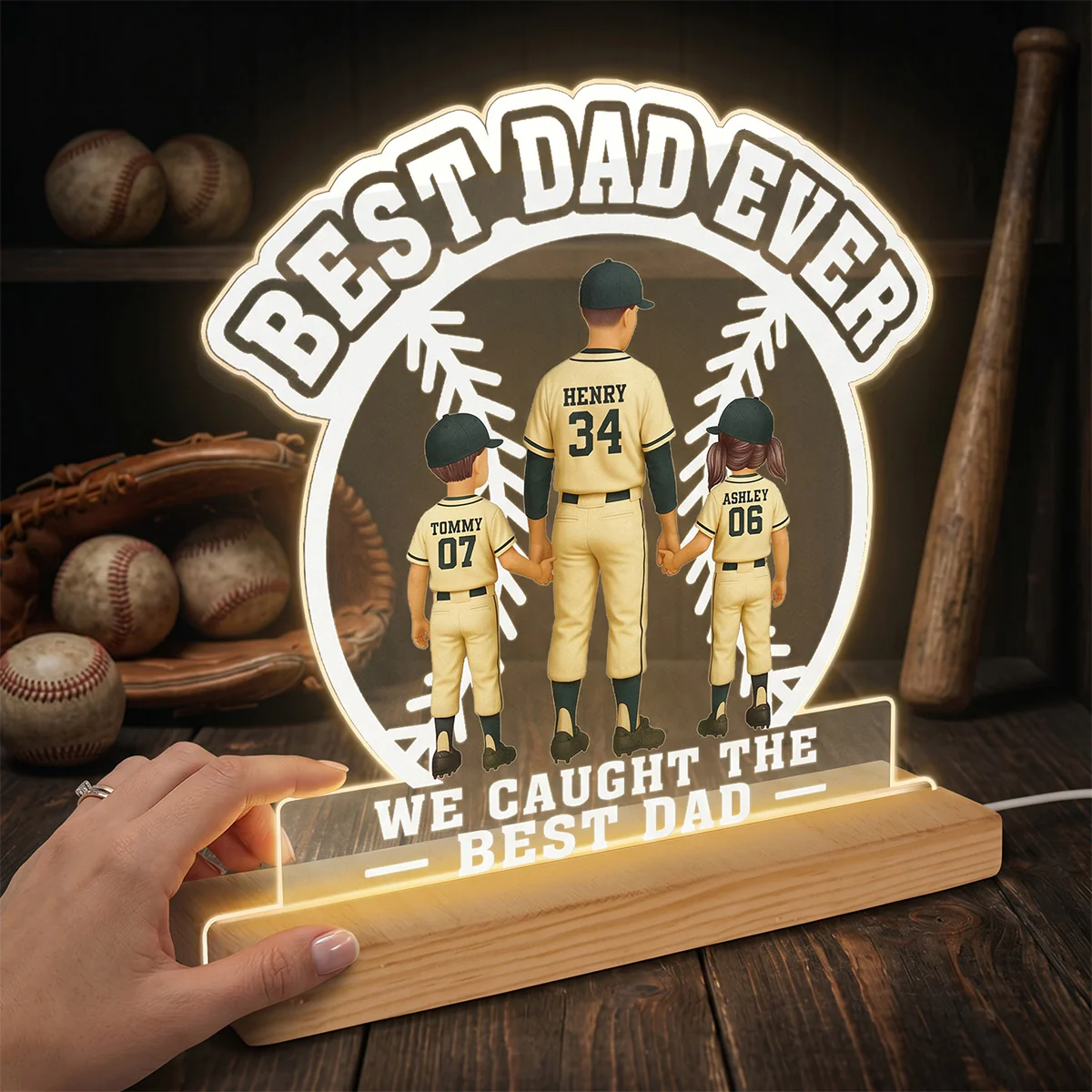 We Caught The Best Dad Baseball Dad & Kids - Personalized Acrylic Plaque LED Night Light - Image 6