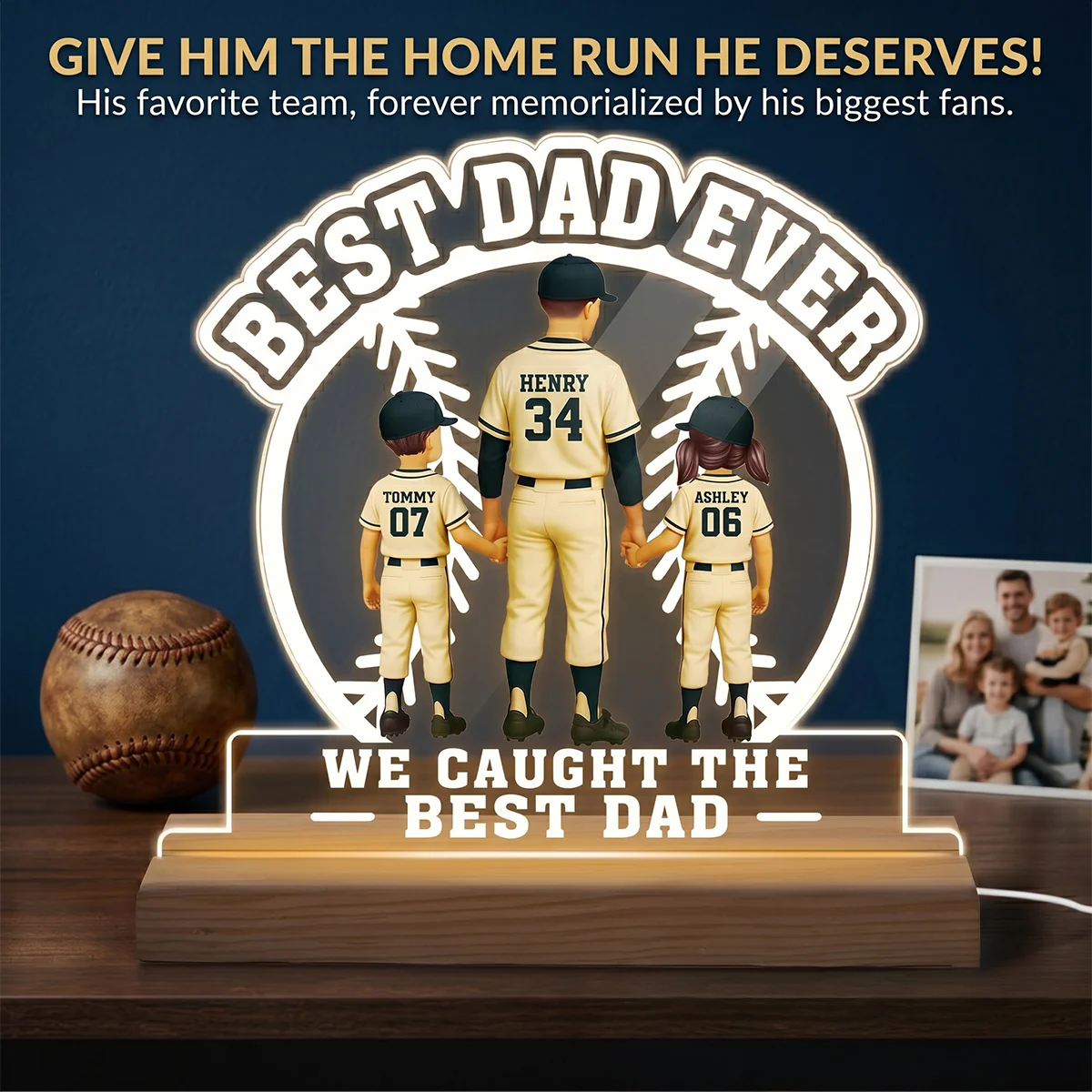 We Caught The Best Dad Baseball Dad & Kids - Personalized Acrylic Plaque LED Night Light - Image 8