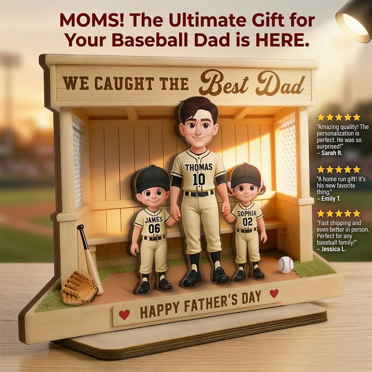 We Caught The Best Dad Baseball Dugout - Personalized 2-Layered Wooden Plaque - Gift For Baseball Dad - Image 6