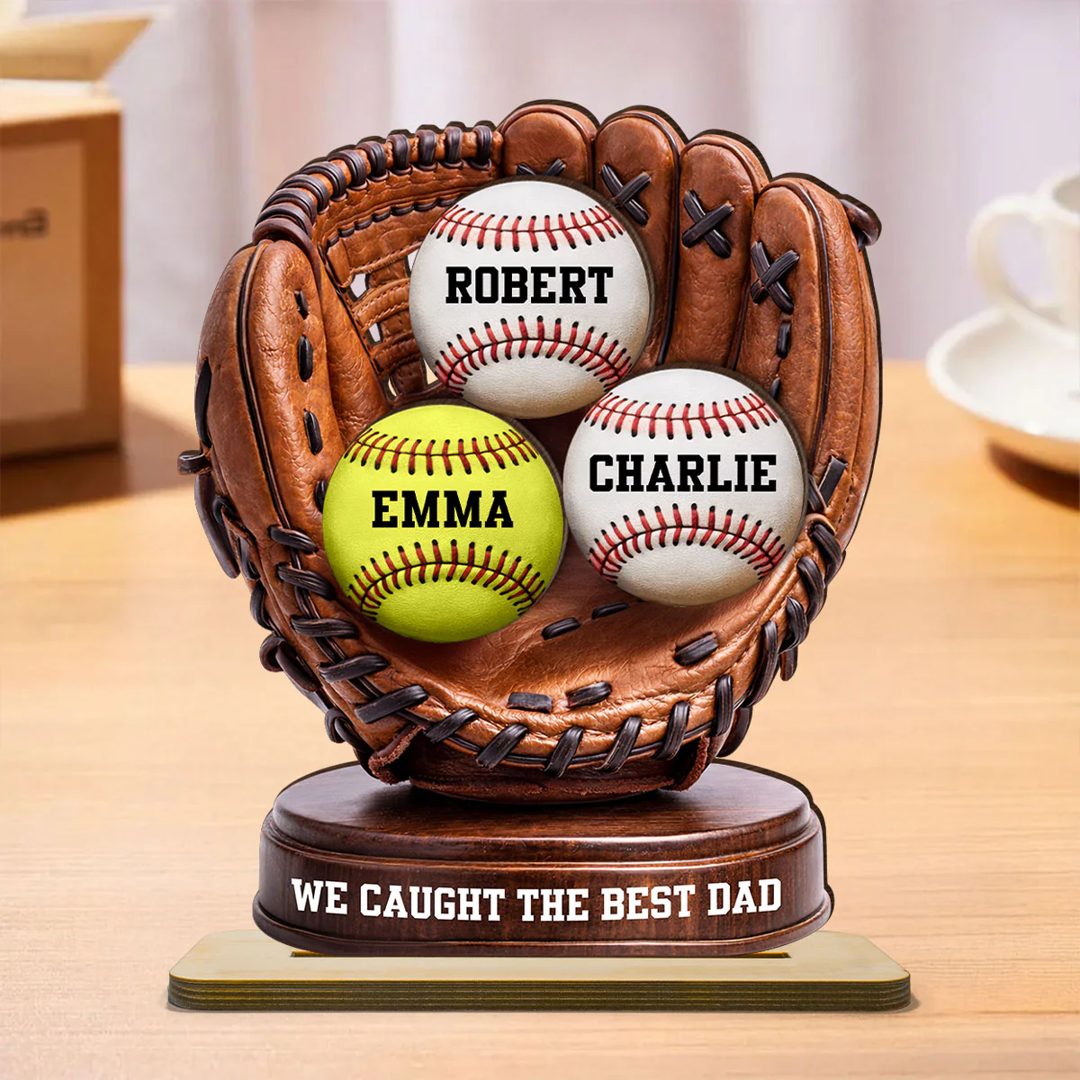 We Caught The Best Dad Baseball Glove - Personalized 2-Layered Wooden Plaque -  Gift for Dad, Husband - Image 2
