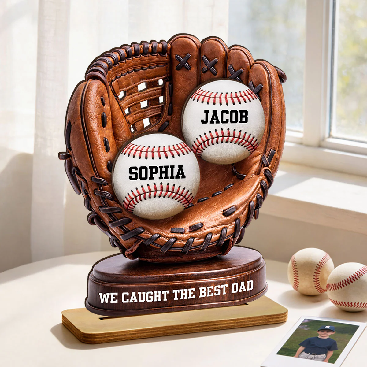 We Caught The Best Dad Baseball Glove - Personalized 2-Layered Wooden Plaque -  Gift for Dad, Husband - Image 4