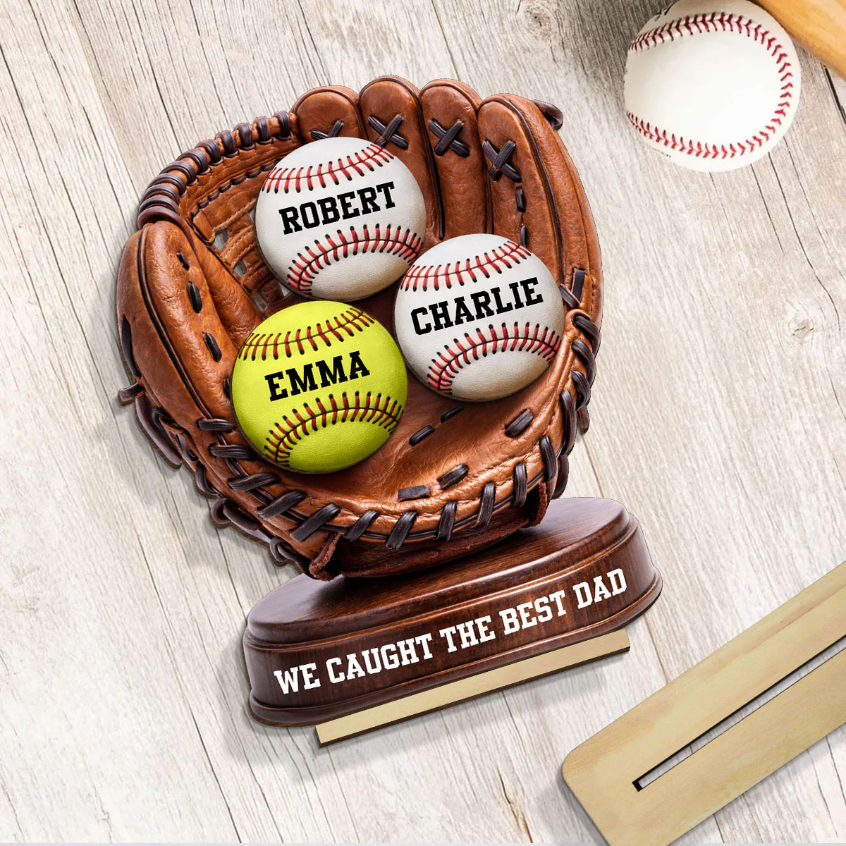 We Caught The Best Dad Baseball Glove - Personalized 2-Layered Wooden Plaque -  Gift for Dad, Husband - Image 6
