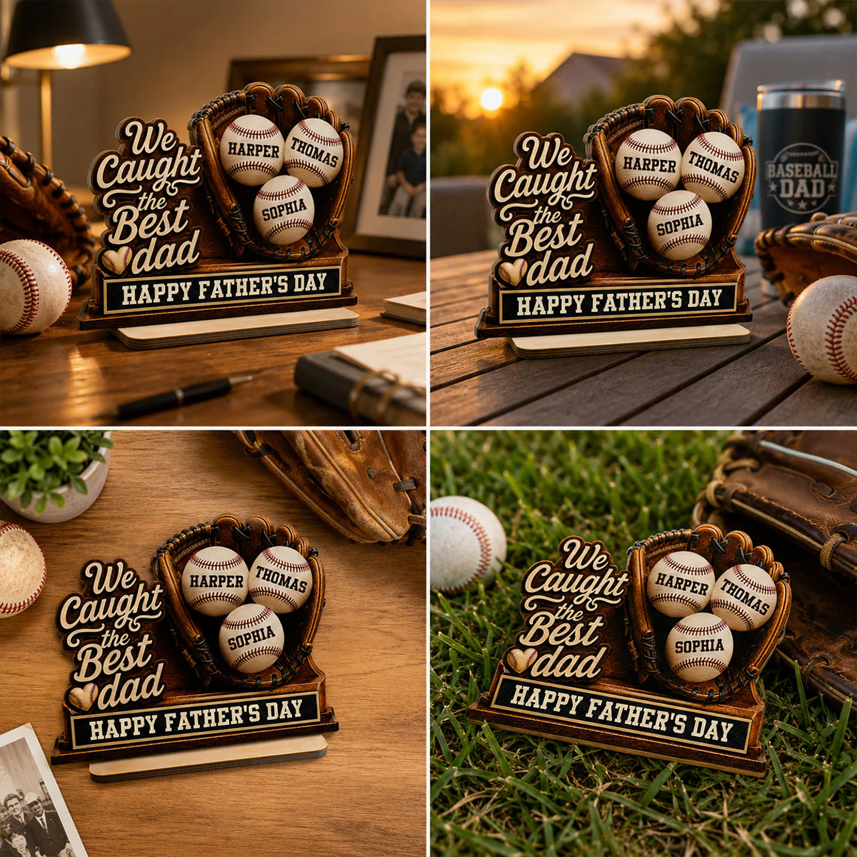We Caught The Best Dad Baseball In Glove - Personalized 2-Layered Wooden Plaque - Happy  For Baseball Dad - Image 9