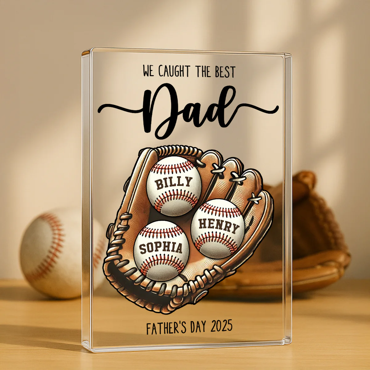We Caught The Best Dad Baseball, Softball Personalized Acrylic Block Plaque, Custom Kid's Name, Father’s Day Gift For Husband, Gift For Dad