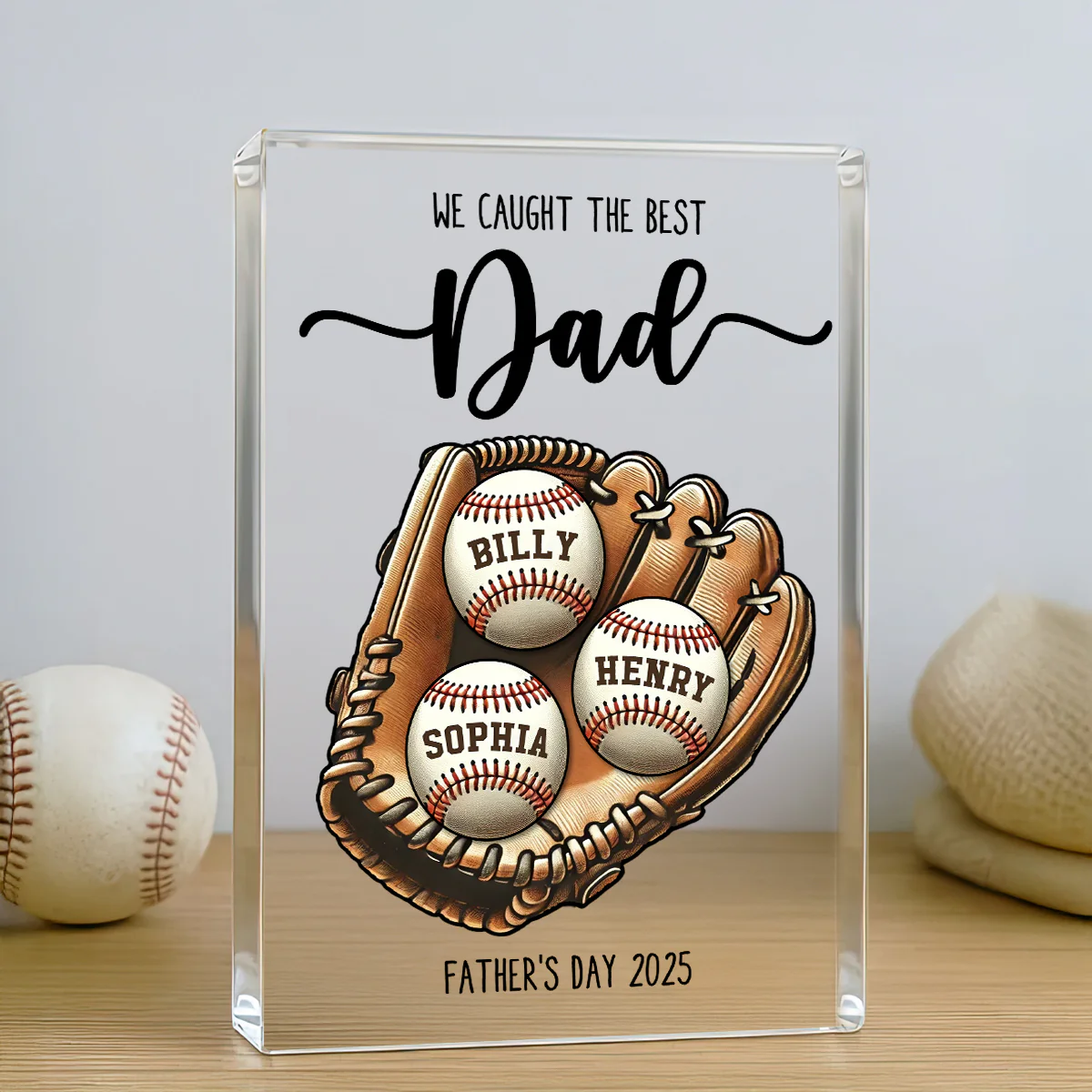 We Caught The Best Dad Baseball, Softball Personalized Acrylic Block Plaque, Custom Kid's Name, Father’s Day Gift For Husband, Gift For Dad - Image 2
